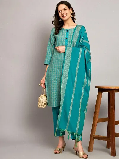 Elegant Khadi Cotton Self Pattern Kurta Bottom Dupatta Set