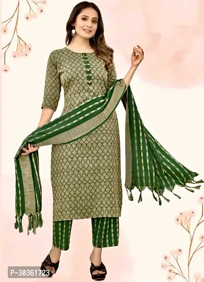 Stylish Green Khadi Cotton Printed Kurta With Pant And Dupatta Set For Women