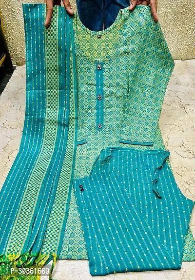 Stylish Green Khadi Cotton Printed Kurta With Pant And Dupatta Set For Women-thumb0