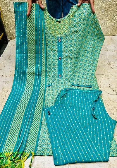 Stylish Khadi Cotton Self Pattern Kurta Bottom Dupatta Set