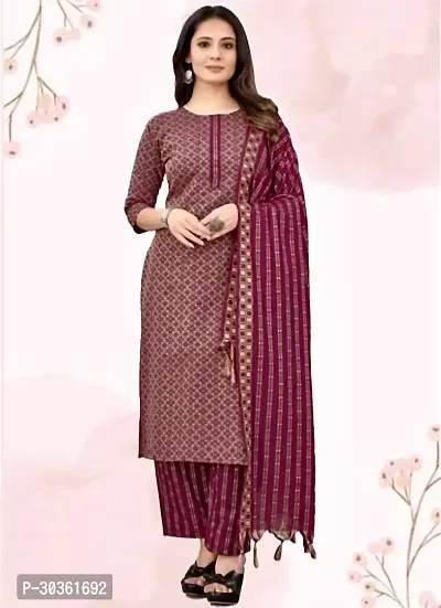 Stylish Maroon Khadi Cotton Printed Kurta With Pant And Dupatta Set For Women