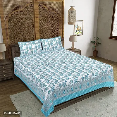 Stylish Blue Cotton Ethnic One Queen Size Bedsheet With 2 Pillowcovers-thumb0