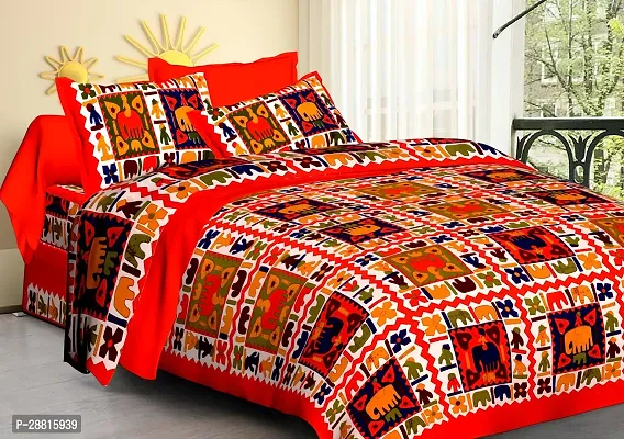 Stylish Multicoloured Cotton Ethnic One Queen Size Bedsheet With 2 Pillowcovers-thumb0
