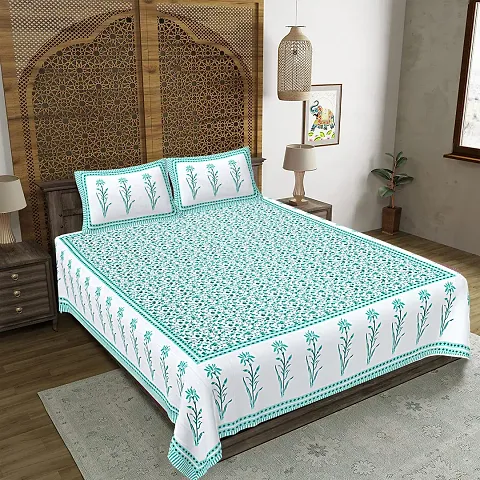Stylish Green Cotton Ethnic One Queen Size Bedsheet With 2 Pillowcovers
