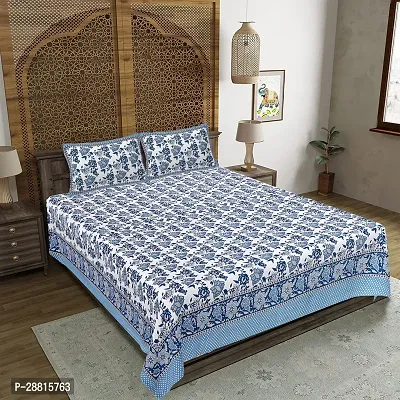 Stylish Blue Cotton Ethnic One Queen Size Bedsheet With 2 Pillowcovers