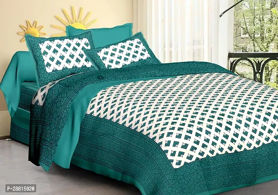 Stylish Green Cotton Ethnic One Queen Size Bedsheet With 2 Pillowcovers-thumb0