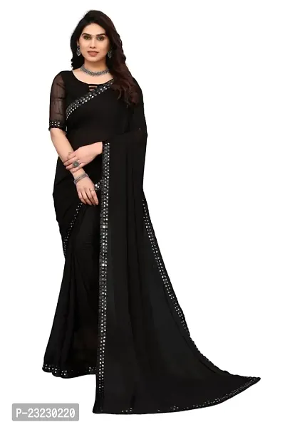 KHATUPATI CREATIONWomen's Solid Georgette LightWeight Casual Wear Mirror Lece Work Saree With Unstitched Blouse Piece (Black)