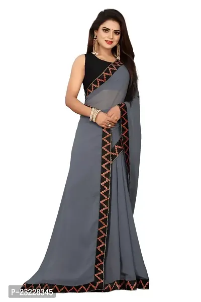 KHATUPATI CREATIONWomen's Solid Siffon LightWeight Casual wear Lace Border saree with Unstitched Blouse Piece (Grey)