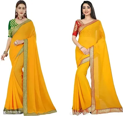 Beautiful Yellow Cotton Silk Solid Saree With Blouse Piece Pack Of 2