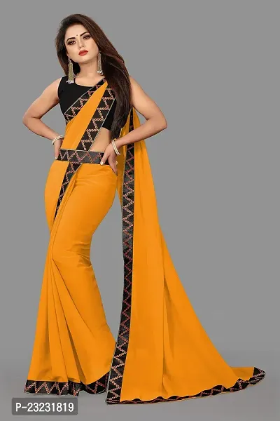 KHATUPATI CREATIONWomen's Solid Siffon LightWeight Casual wear Lace Border saree with Unstitched Blouse Piece (Yellow)-thumb5