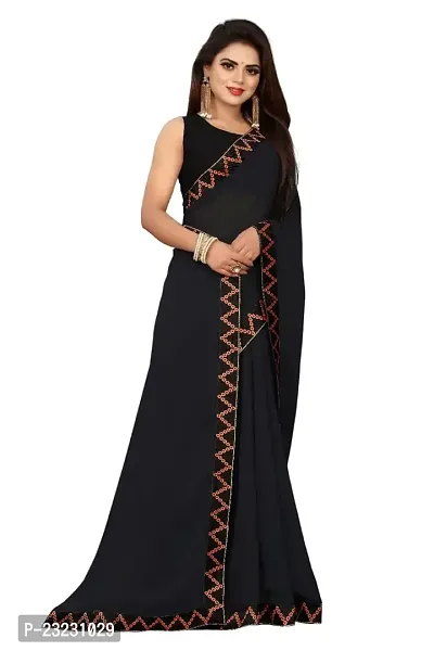 KHATUPATI CREATIONWomen's Solid Siffon LightWeight Casual wear Lace Border saree with Unstitched Blouse Piece (Black)-thumb0