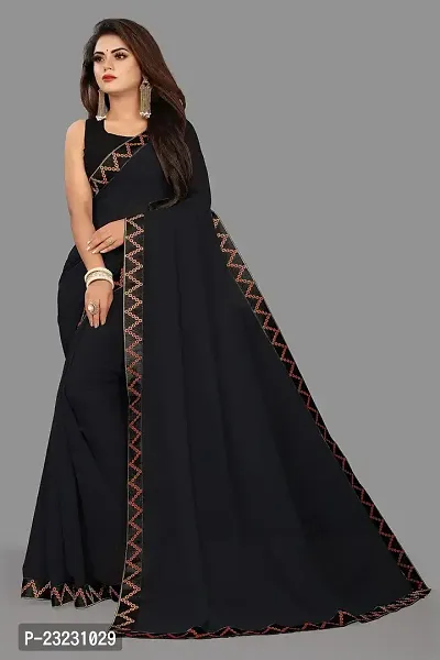 KHATUPATI CREATIONWomen's Solid Siffon LightWeight Casual wear Lace Border saree with Unstitched Blouse Piece (Black)-thumb2