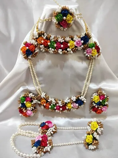 Colourfull Handmade Flower Jewellery set For Mehndi And Sangeet