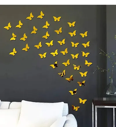 40 Butterfly Golden Decorative Mirror Stickers for Wall, Wall Mirror Stickers, 3D Acrylic Stickers Wall Stickers for Hall Room, Bed Room, Kitchen Living Room Kids