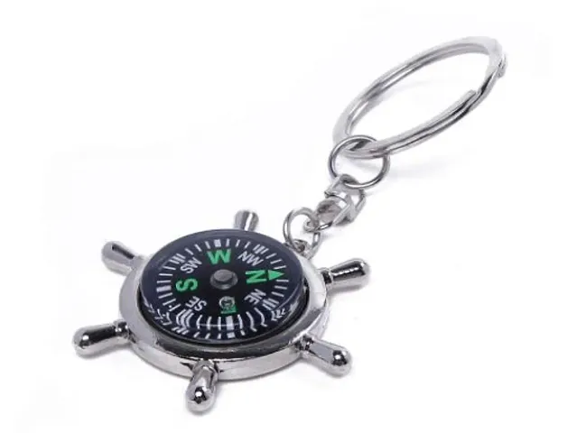 Silver Metallic Key Chain With Compass For Car Auto Bike Cycle Home Key Ring