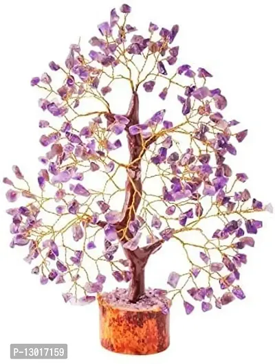 300 Stones Beautiful Natural Amethyst Vastu Stone Tree with Golden Strings, Blue (Height:-10 inches)