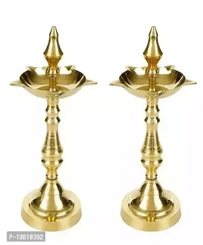 Modern Festive diyas pack of 2 Brass Original Traditional South Fancy Kerala Samay Diya Oil Diwali Puja Kuthuvilakku Kuthu Vilakku Ornamental Lamp Straight Top 10 inch  Golden-thumb0