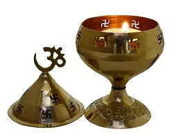 Brass Jali Akhand Jyoti Deep with Stand, Cover  Om Diya Oil Lamp in 100% Brass for Temple, Home  Office Decor Set of 2 pcs Small 4.6inch-thumb1