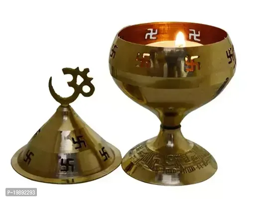 Brass Jali Akhand Jyoti Deep with Stand, Cover  Om Diya Oil Lamp in 100% Brass for Temple, Home  Office Decor Set of 2 pcs Small 4.6inch-thumb2