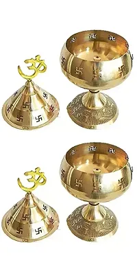 Brass Jali Akhand Jyoti Deep with Stand, Cover  Om Diya Oil Lamp in 100% Brass for Temple, Home  Office Decor Set of 2 pcs Small 4.6inch-thumb2