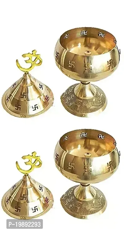 Brass Jali Akhand Jyoti Deep with Stand, Cover  Om Diya Oil Lamp in 100% Brass for Temple, Home  Office Decor Set of 2 pcs Small 4.6inch-thumb3