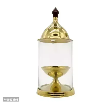 Akhand Diya Brass Oil Lamp with Glass Cover for Pooja Home Deacute;cor and Diwali (Small)