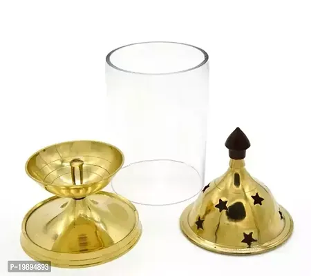 Akhand Diya Brass Oil Lamp with Glass Cover for Pooja Home Deacute;cor and Diwali (Small)-thumb3