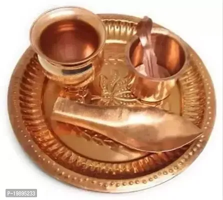 COPPER PLATE WITH COPPER LOTA ,PANCHPATRA AACHMANI , AARGHA 5 PIECE COMBO OF POOJA