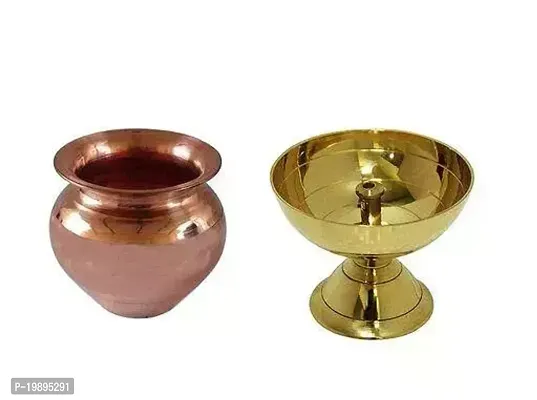 2 Pcs Classic Round Paro Pyali Diya (No 1) with Copper (2 No) Kalash Lota for Festival Puja for Worship/Spirtual/Religion Table
