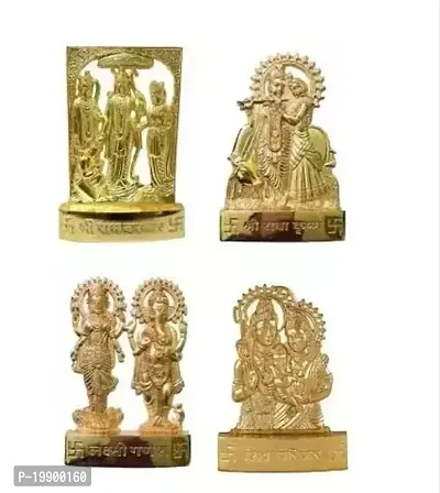 Ramdarbar, RadheKrishna, Standing Laxmi Ganesh and Shiv Parivar combine set of 4 Spiritual Religious Metal Gold Plated Statues Decorative Showpiece - 11 cm (Metal, Gold)