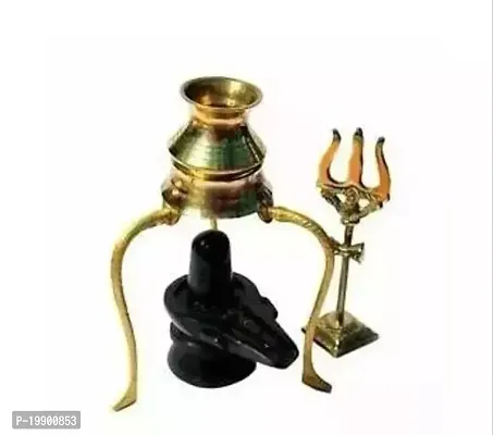 Brass Tripai Lota with Black Marble Stone Shivling Lord Shiva Idol with Brass Lota Shivlingam Abhishek Patra AND Trishul Decorative Showpiece - 12 cm (Brass, Gold)