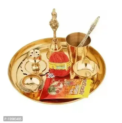 Pure Brass Special Beautiful Puja Thali Set of 9 Items, for Diwali Poojan/Pooja Room/Diwali Gifting Brass (Gold)-thumb0