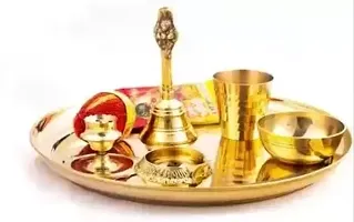 Pure Brass Special Beautiful Puja Thali Set of 9 Items, for Diwali Poojan/Pooja Room/Diwali Gifting Brass (Gold)-thumb2