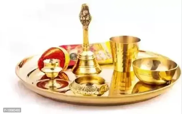 Pure Brass Special Beautiful Puja Thali Set of 9 Items, for Diwali Poojan/Pooja Room/Diwali Gifting Brass (Gold)-thumb3