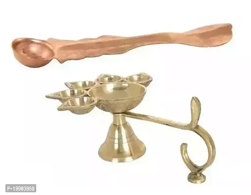 Combo Of 5 Face Puja Camphor Burner Lamp (2 no ) Panch Aarti Jyoti With Copper Panch Patra Spoon for Poojan Purpose