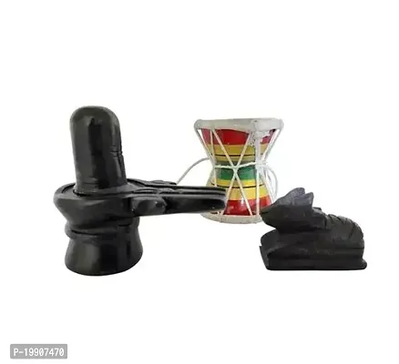 Black Stone Marble Shiva Lingam Murti Idol/Figurine (3.5 Inches) with Nandi Bull Statue and Musical Handmade Damru