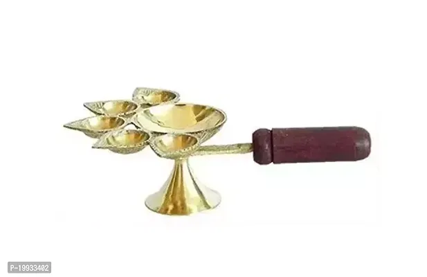 Original Brass Oil Hindu Puja Camphor Burner Lamp Panch Aarti / 5 Face Aarti Diya with Wooden Handle - Length 6 INCH, 15 cm Approx-thumb0