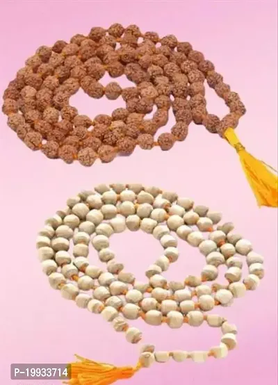 Rudraksha Mala (108+1 Beads, Bead Tested  Certified Rudraksha Wood Chain and Natural Tulsi Japa Mala 108+1 Beads Wood Necklace Wood Chain combo of (Radraksha and Tulsi Mala )