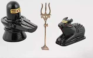 Marble Stone Shivling Nandi with Brass Shiv Trishul for Temple Decorative Showpiece - 7.5cm (Stone, Black)-thumb1