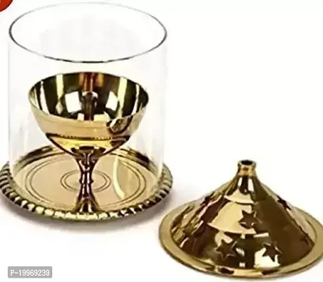 Brass Akhand 1 No Small Size Diya with Glass Cover and Designed Star Holes on Top for Festival Worship Brass Table Diya (Height: 12cm )-thumb0