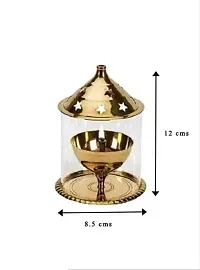 Brass Akhand 1 No Small Size Diya with Glass Cover and Designed Star Holes on Top for Festival Worship Brass Table Diya (Height: 12cm )-thumb2