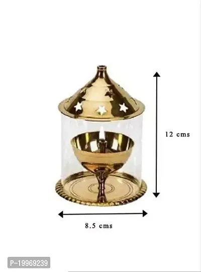 Brass Akhand 1 No Small Size Diya with Glass Cover and Designed Star Holes on Top for Festival Worship Brass Table Diya (Height: 12cm )-thumb3