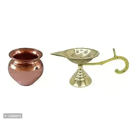 Pooja Items Set of 2 Pcs, Brass Round Pyali Diya with Copper Kalash/Lota for Festival Worship @@ Pack of 1
