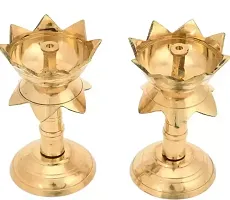 Brass Original Traditional Kamal Diya with Stand Oil Diwali Puja Lamp, Kuthuvilakku Golden Lamp / Brass oil lamp (Size:4 inche) (Pack of 2)-thumb1