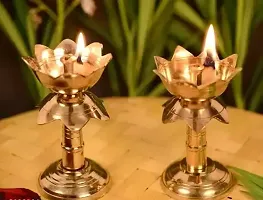 Brass Original Traditional Kamal Diya with Stand Oil Diwali Puja Lamp, Kuthuvilakku Golden Lamp / Brass oil lamp (Size:4 inche) (Pack of 2)-thumb3