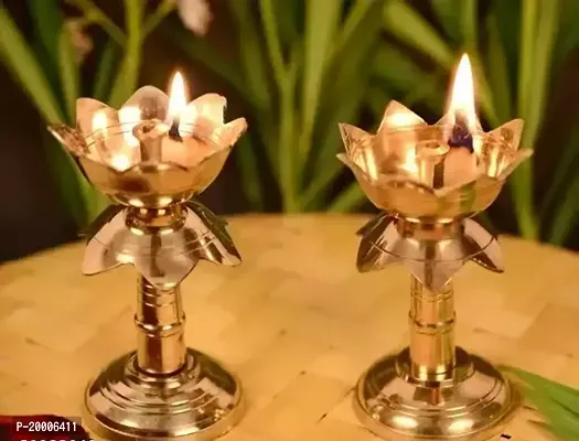 Brass Original Traditional Kamal Diya with Stand Oil Diwali Puja Lamp, Kuthuvilakku Golden Lamp / Brass oil lamp (Size:4 inche) (Pack of 2)-thumb4