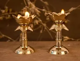 Traditional Set of 2 Pure Brass Diya for Puja Temaple Decoration, Lotus Shape Pillar Diya Stand Oil Lamp for Home Mandir Pooja Articles Decor Gifts (Size 3.8 Inch, 2Pcs)-thumb2