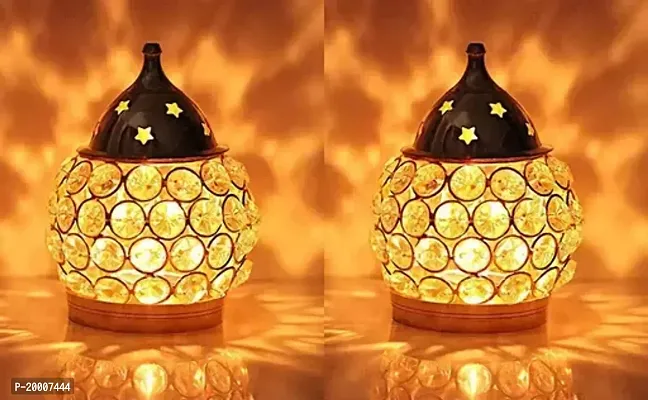 Traditional Set Of 2 Akhand Diya Decorative Brass Crystal Oil Lamp T Light Holder Lantern Oval Shape Diya for Puja and Festival Decoration Diwali Gifts Home Decor Puja Lamp
