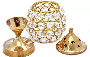 Traditional Set Of 2 Akhand Diya Decorative Brass Crystal Oil Lamp T Light Holder Lantern Oval Shape Diya for Puja and Festival Decoration Diwali Gifts Home Decor Puja Lamp-thumb1