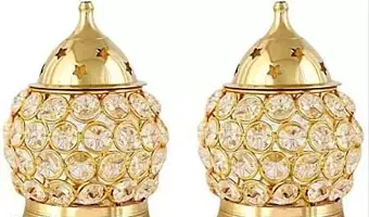Traditional Set Of 2 Akhand Diya Decorative Brass Crystal Oil Lamp T Light Holder Lantern Oval Shape Diya for Puja and Festival Decoration Diwali Gifts Home Decor Puja Lamp-thumb2